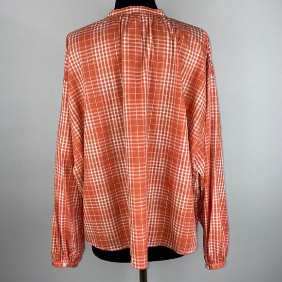 Universal Thread S Orange White Plaid Oversize Button Popover Balloon Sleeve Top - Picture 10 of 12